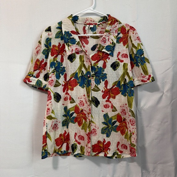 Cato Tops - Cato Blouse Floral Polyester Puckered Texture Short Sleeve Button Up Top M